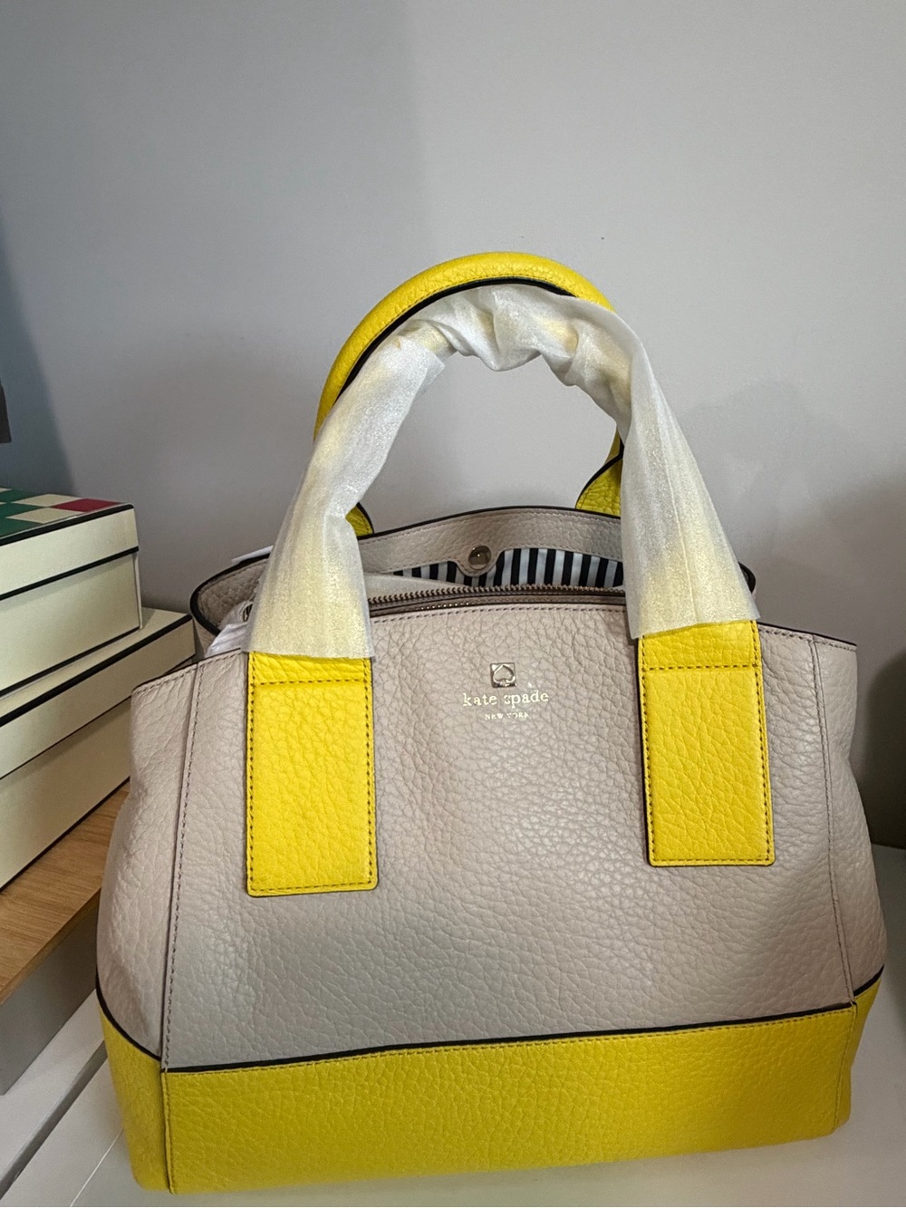 Kate Spade Cream and Yellow Pebbled Leather Satchel with Striped Lining